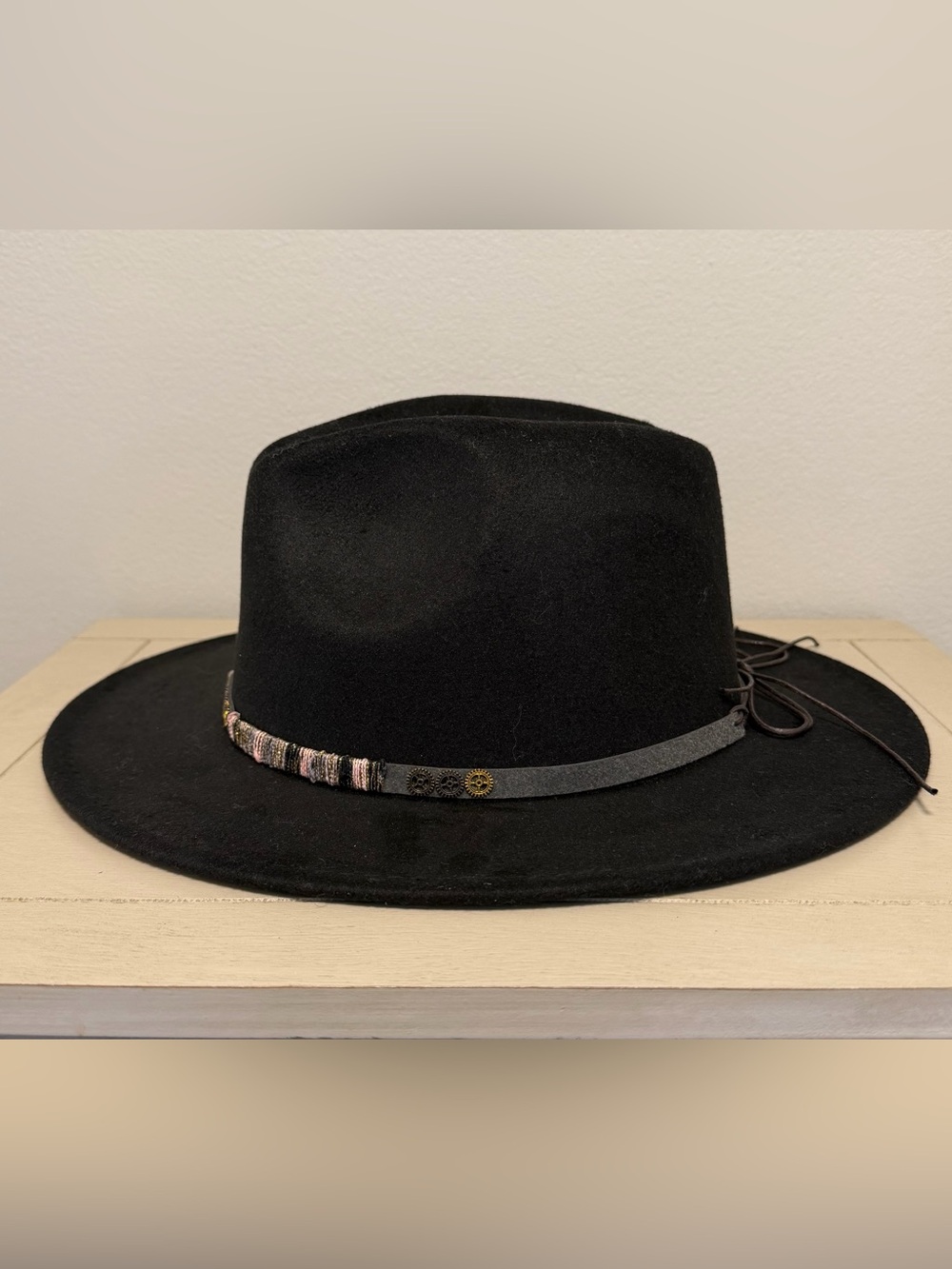 Wide Brim Fedora Hat Marcus Adler Black Faux Felt Steampunk Gear Band One Size